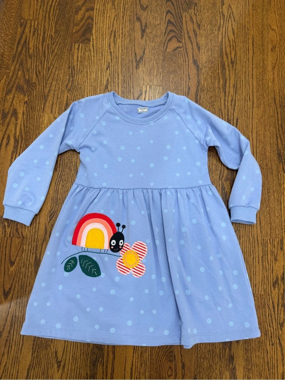Girls' Blue Polka Dot Long-Sleeve Dress with Rainbow Applique